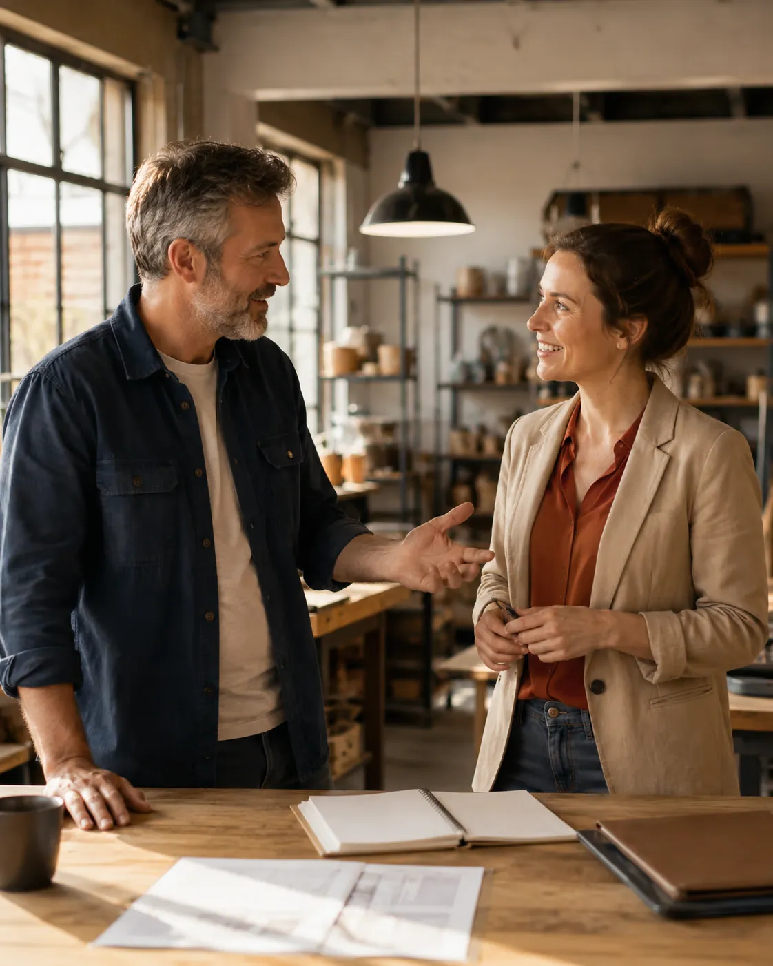 Deux associés en discussion sur leur lieu de travail, posture d'égal à égal.