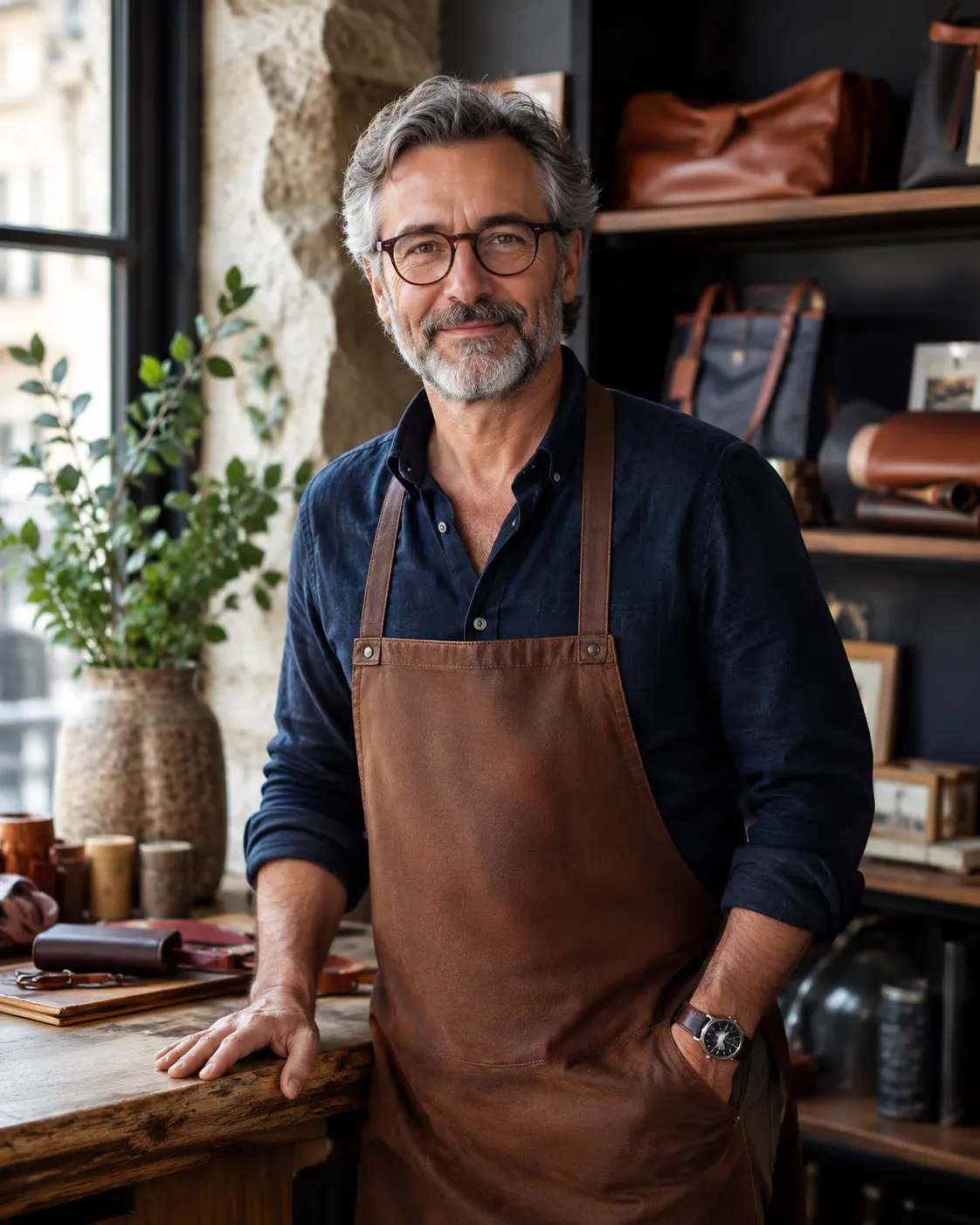 Chef d'entreprise dans son atelier, regard apaisé.